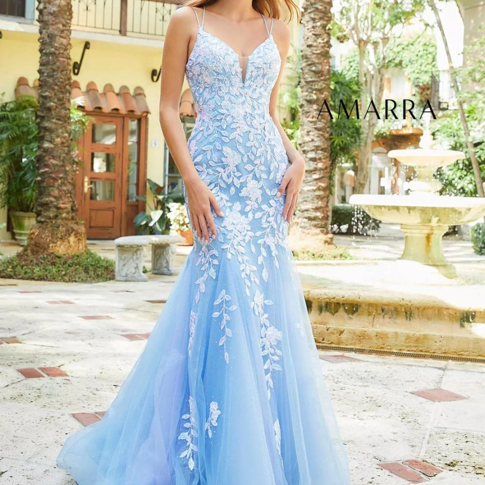AMARRA 87317 Floral Sequin Prom Gown - BRAND NEW (Blue/White)